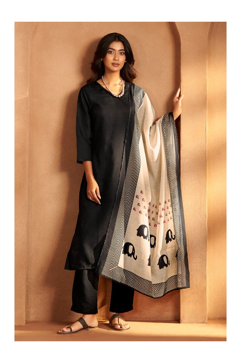 Black Cotton Calf-Length Kurta with Pant & Cream Chanderi Printed Dupatta