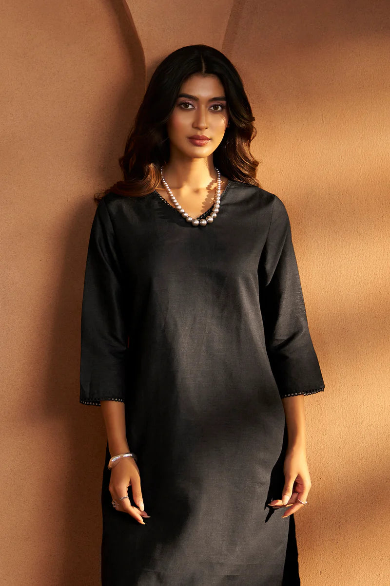 Black Cotton Calf-Length Kurta with Pant & Cream Chanderi Printed Dupatta