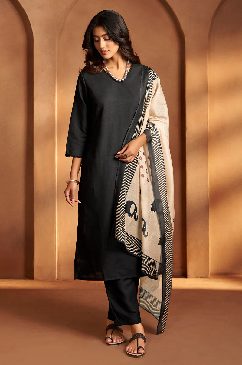 Black Cotton Calf-Length Kurta with Pant & Cream Chanderi Printed Dupatta