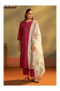 Rust Cotton Calf-Length Kurta with Pant & Cream Chanderi Printed Dupatta