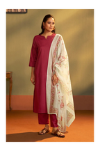 Rust Cotton Calf-Length Kurta with Pant & Cream Chanderi Printed Dupatta