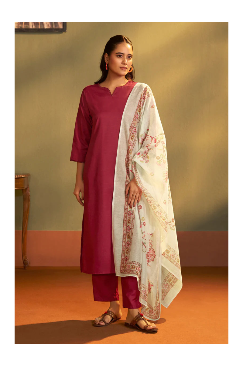 Rust Cotton Calf-Length Kurta with Pant & Cream Chanderi Printed Dupatta