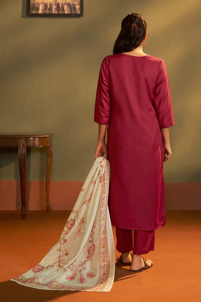 Rust Cotton Calf-Length Kurta with Pant & Cream Chanderi Printed Dupatta