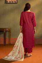 Rust Cotton Calf-Length Kurta with Pant & Cream Chanderi Printed Dupatta