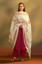 Rust Cotton Calf-Length Kurta with Pant & Cream Chanderi Printed Dupatta
