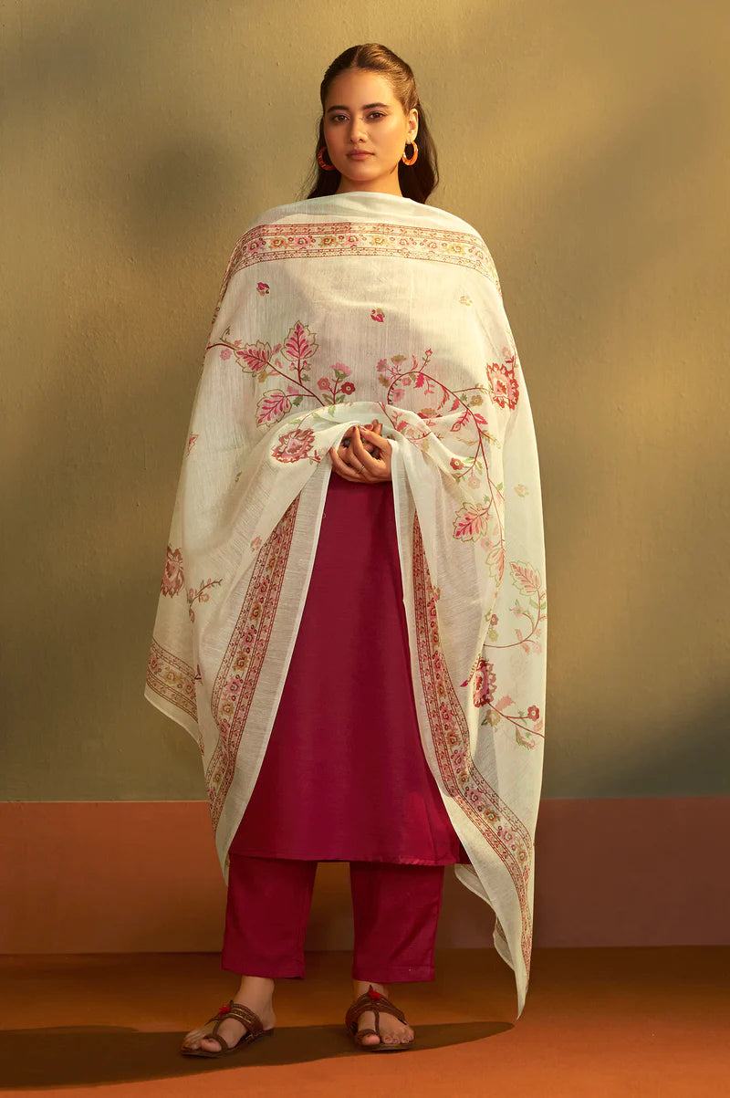 Rust Cotton Calf-Length Kurta with Pant & Cream Chanderi Printed Dupatta