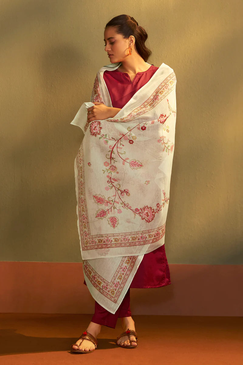 Rust Cotton Calf-Length Kurta with Pant & Cream Chanderi Printed Dupatta