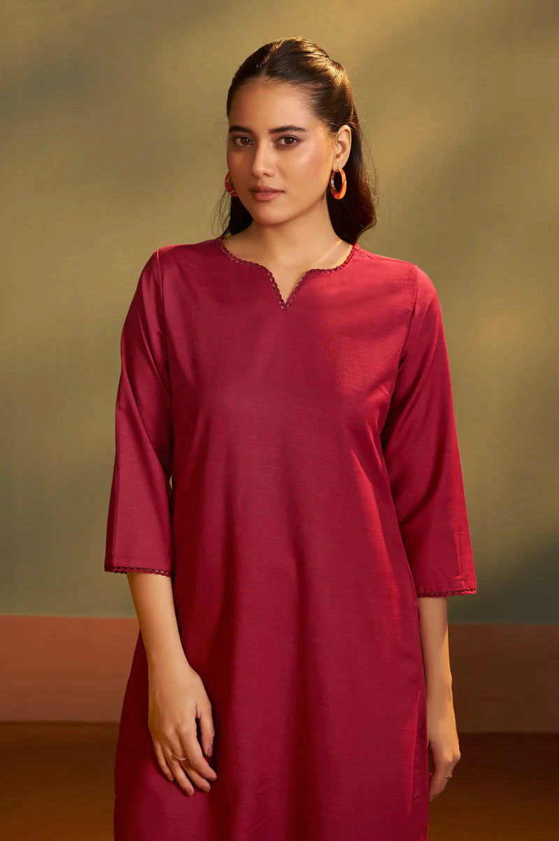 Rust Cotton Calf-Length Kurta with Pant & Cream Chanderi Printed Dupatta
