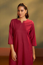 Rust Cotton Calf-Length Kurta with Pant & Cream Chanderi Printed Dupatta
