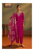 Pink Cotton Blend Embroidered Straight Kurta with Pant & Organza Jacquard Printed Dupatta