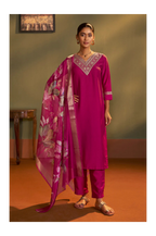Pink Cotton Blend Embroidered Straight Kurta with Pant & Organza Jacquard Printed Dupatta