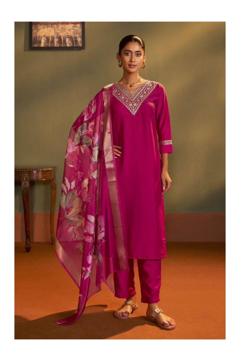 Pink Cotton Blend Embroidered Straight Kurta with Pant & Organza Jacquard Printed Dupatta
