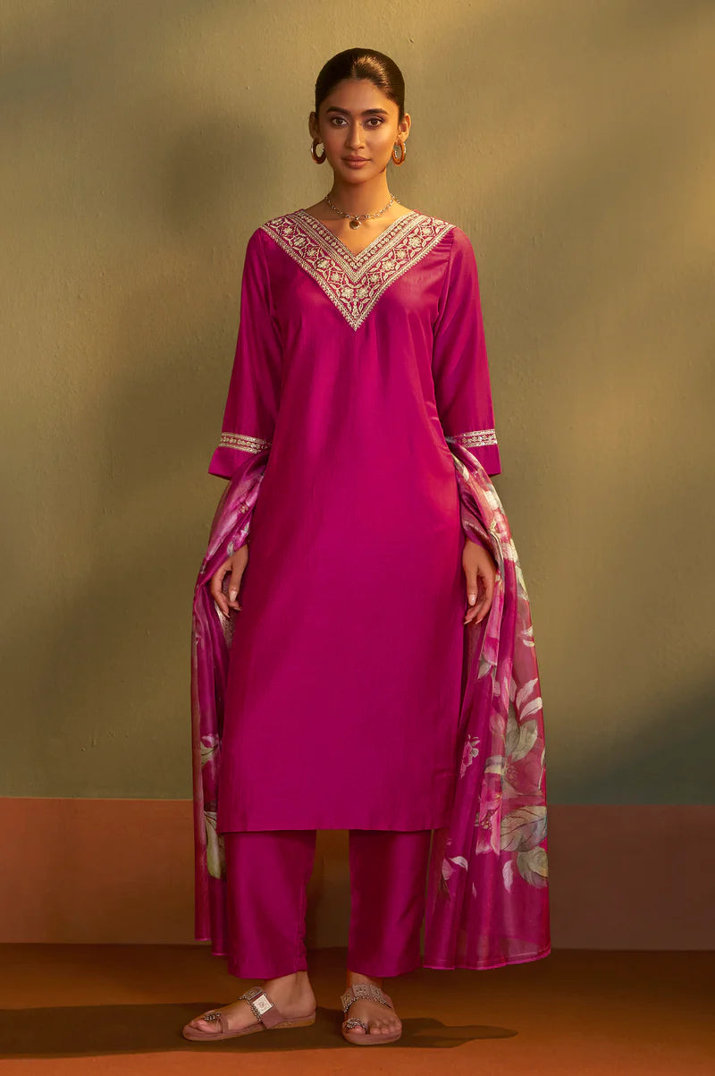 Pink Cotton Blend Embroidered Straight Kurta with Pant & Organza Jacquard Printed Dupatta