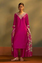 Pink Cotton Blend Embroidered Straight Kurta with Pant & Organza Jacquard Printed Dupatta
