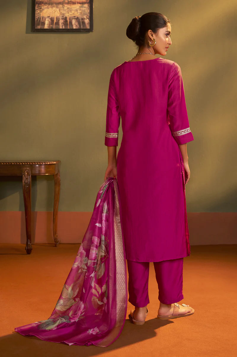 Pink Cotton Blend Embroidered Straight Kurta with Pant & Organza Jacquard Printed Dupatta