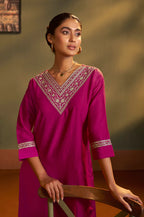 Pink Cotton Blend Embroidered Straight Kurta with Pant & Organza Jacquard Printed Dupatta
