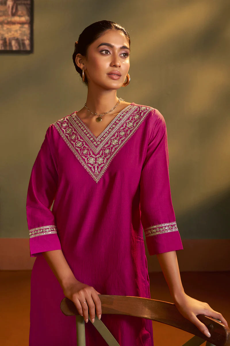 Pink Cotton Blend Embroidered Straight Kurta with Pant & Organza Jacquard Printed Dupatta