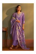Purple Cotton Blend Embroidered Straight Kurta with Pant & Organza Jacquard Printed Dupatta