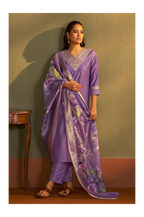 Purple Cotton Blend Embroidered Straight Kurta with Pant & Organza Jacquard Printed Dupatta