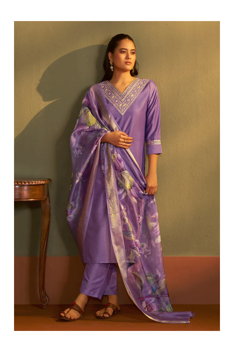 Purple Cotton Blend Embroidered Straight Kurta with Pant & Organza Jacquard Printed Dupatta