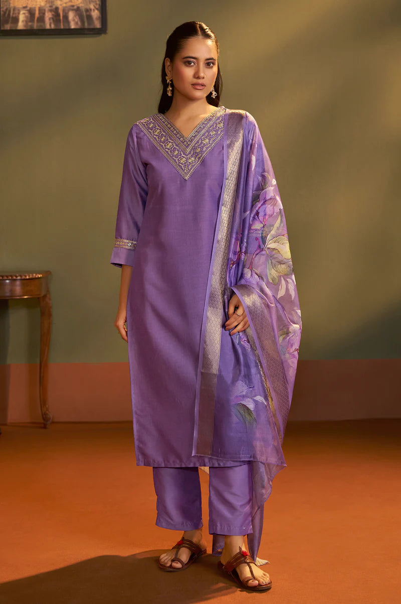Purple Cotton Blend Embroidered Straight Kurta with Pant & Organza Jacquard Printed Dupatta