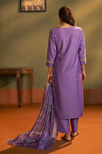 Purple Cotton Blend Embroidered Straight Kurta with Pant & Organza Jacquard Printed Dupatta