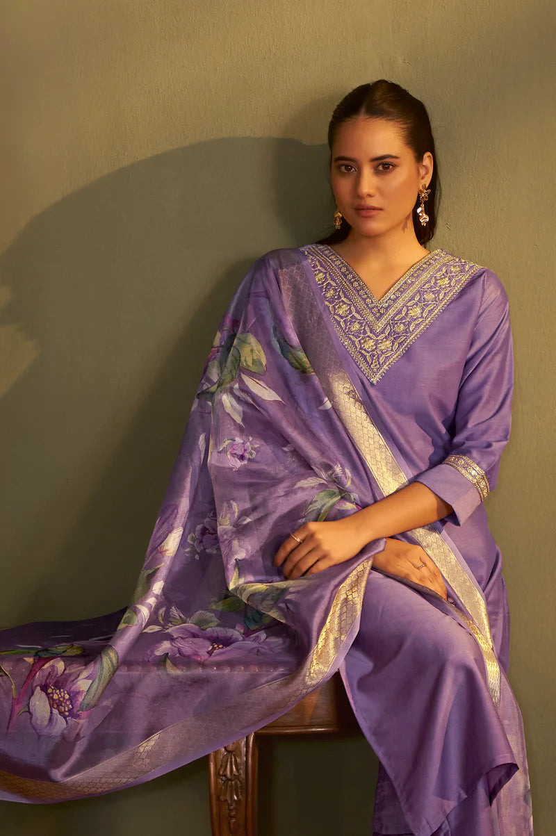 Purple Cotton Blend Embroidered Straight Kurta with Pant & Organza Jacquard Printed Dupatta