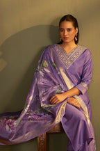 Purple Cotton Blend Embroidered Straight Kurta with Pant & Organza Jacquard Printed Dupatta