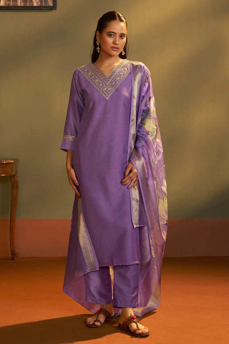 Purple Cotton Blend Embroidered Straight Kurta with Pant & Organza Jacquard Printed Dupatta