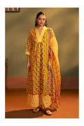 Yellow Cotton Blend Printed Straight Kurta with Printed Pant & Chanderi Printed Dupatta