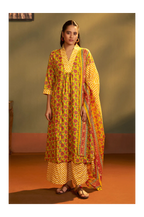 Yellow Cotton Blend Printed Straight Kurta with Printed Pant & Chanderi Printed Dupatta