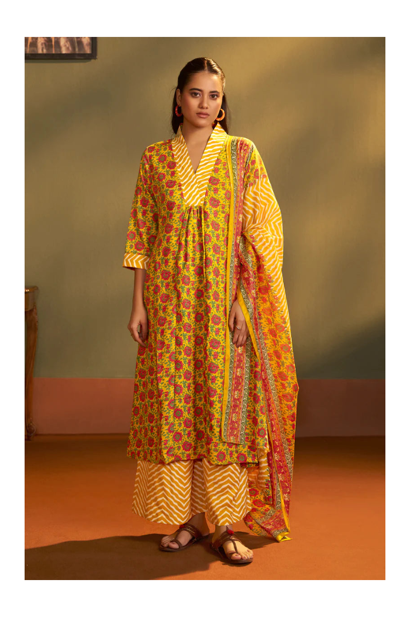 Yellow Cotton Blend Printed Straight Kurta with Printed Pant & Chanderi Printed Dupatta