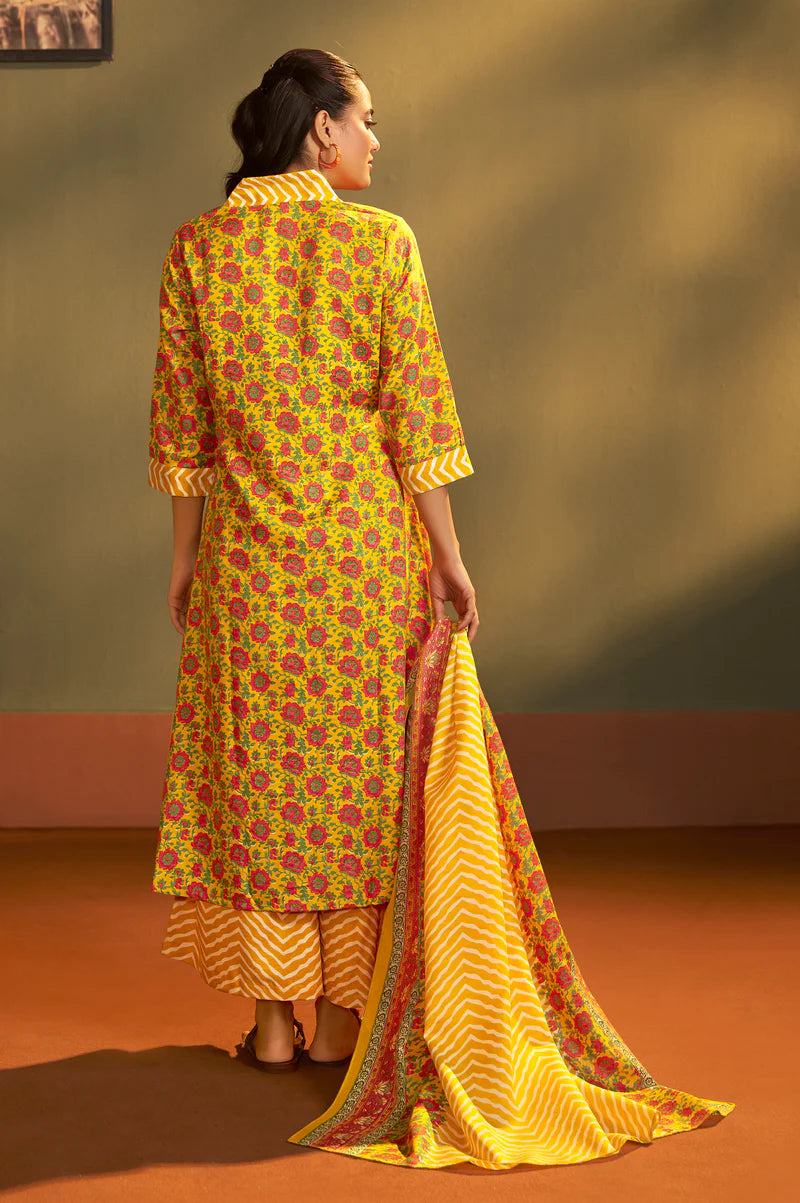 Yellow Cotton Blend Printed Straight Kurta with Printed Pant & Chanderi Printed Dupatta