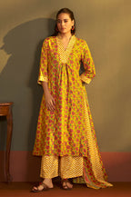 Yellow Cotton Blend Printed Straight Kurta with Printed Pant & Chanderi Printed Dupatta