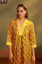 Yellow Cotton Blend Printed Straight Kurta with Printed Pant & Chanderi Printed Dupatta
