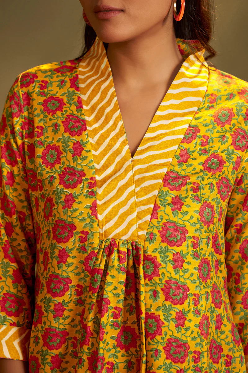 Yellow Cotton Blend Printed Straight Kurta with Printed Pant & Chanderi Printed Dupatta