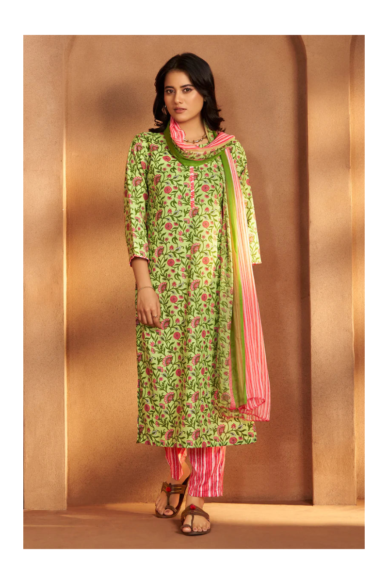 Pista Green Cotton Blend Printed Straight Kurta with Printed Pant & Chanderi Printed Dupatta
