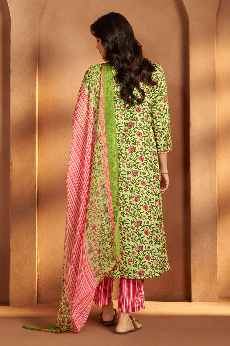 Pista Green Cotton Blend Printed Straight Kurta with Printed Pant & Chanderi Printed Dupatta