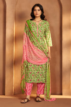 Pista Green Cotton Blend Printed Straight Kurta with Printed Pant & Chanderi Printed Dupatta