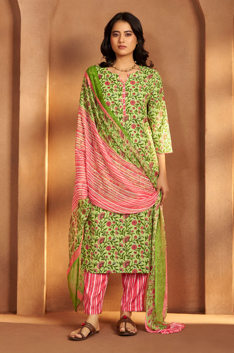 Pista Green Cotton Blend Printed Straight Kurta with Printed Pant & Chanderi Printed Dupatta