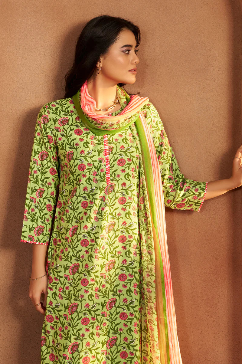 Pista Green Cotton Blend Printed Straight Kurta with Printed Pant & Chanderi Printed Dupatta