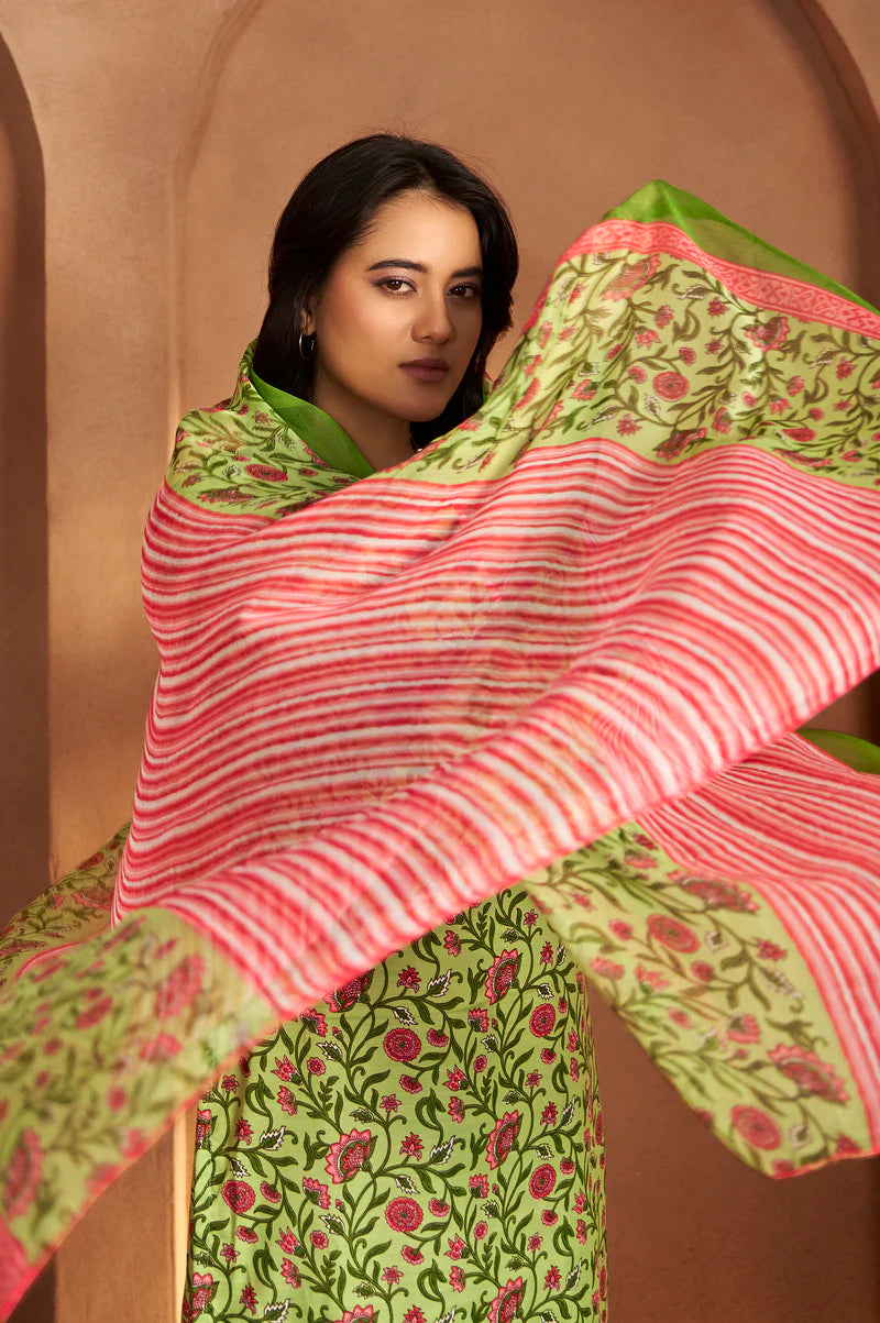 Pista Green Cotton Blend Printed Straight Kurta with Printed Pant & Chanderi Printed Dupatta