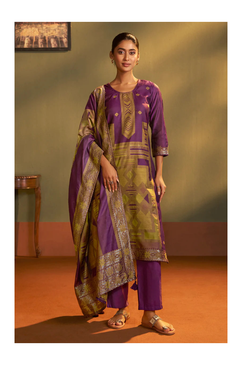 Wine Jacquard Art Silk Fla Wine Kurta Set with Cotton Bottom & Silk Blend Dupatta