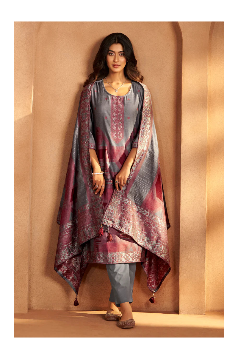 Grey Jacquard Art Silk Fla Grey Kurta Set with Cotton Bottom & Silk Blend Dupatta