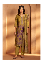 Mustard Jacquard Art Silk Kurta Set with Cotton Bottom & Silk Blend Dupatta