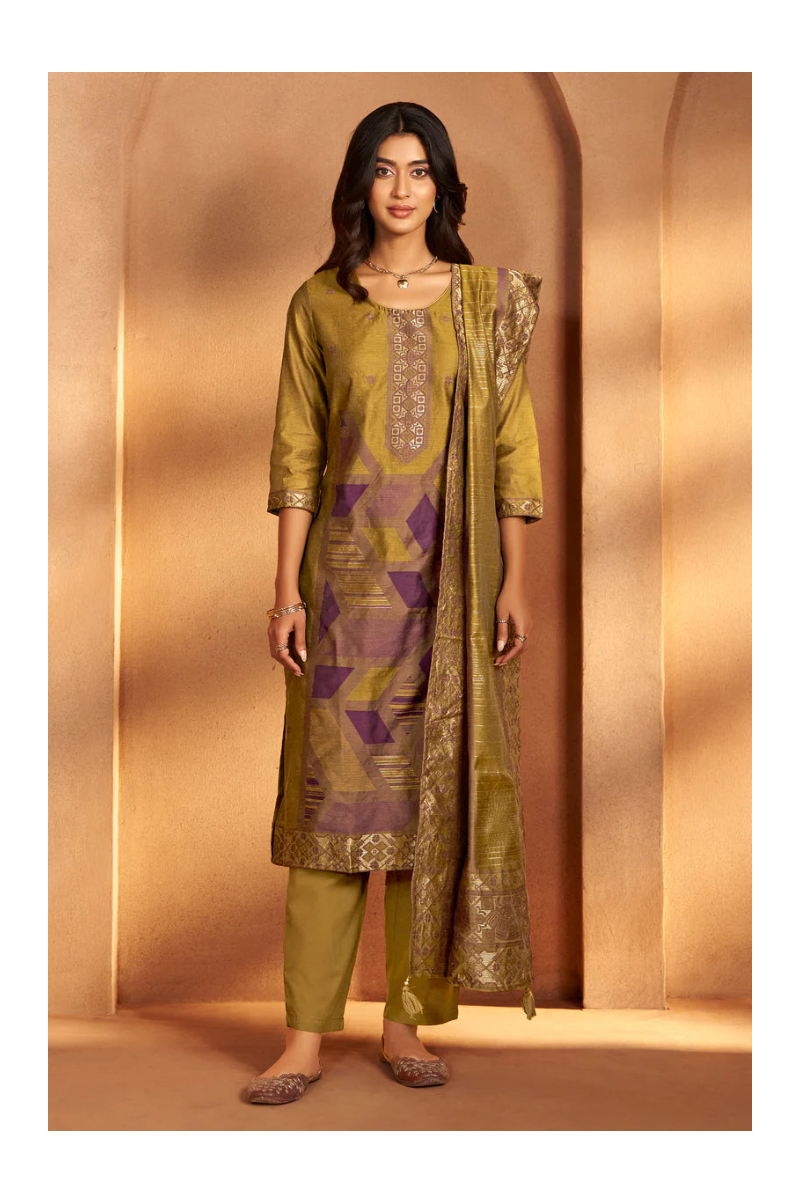 Mustard Jacquard Art Silk Fla Mustard Kurta Set with Cotton Bottom & Silk Blend Dupatta