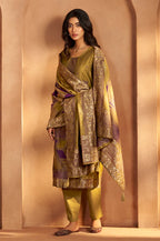 Mustard Jacquard Art Silk Kurta Set with Cotton Bottom & Silk Blend Dupatta