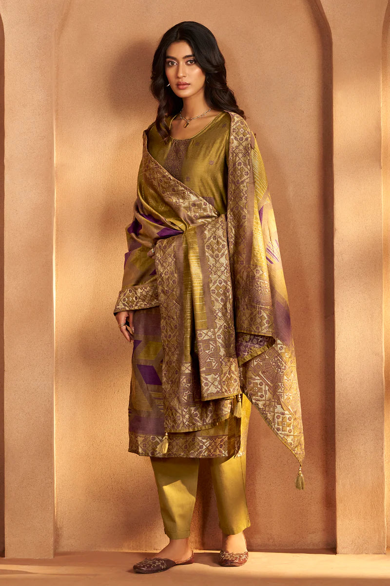 Mustard Jacquard Art Silk Fla Mustard Kurta Set with Cotton Bottom & Silk Blend Dupatta