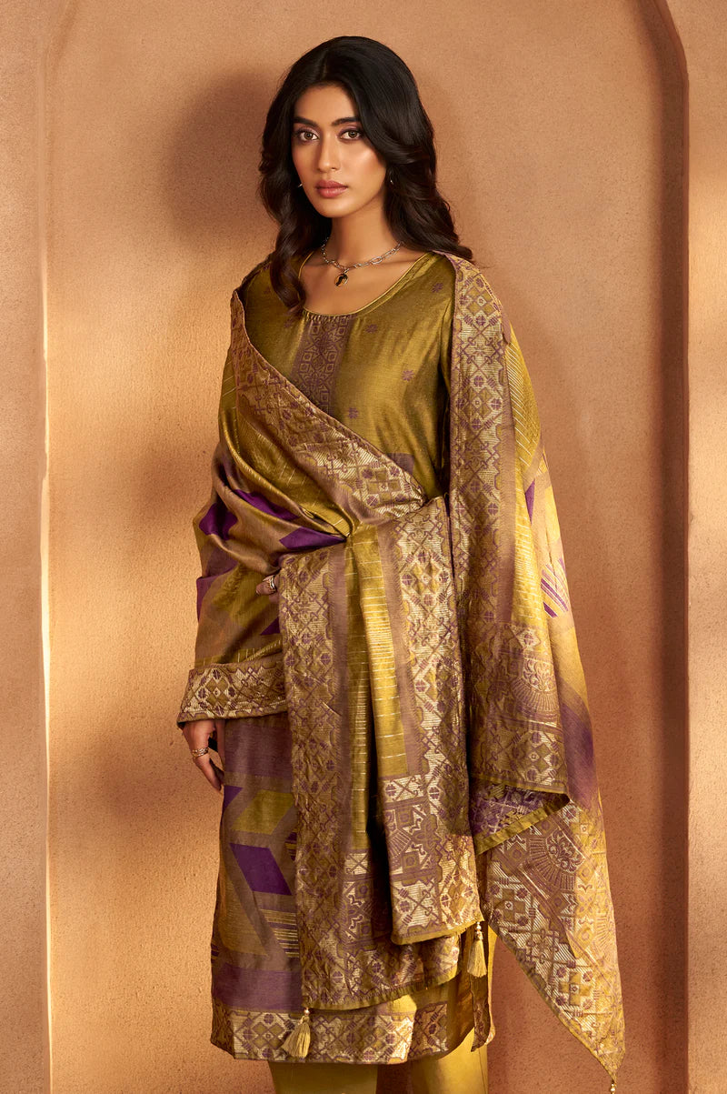Mustard Jacquard Art Silk Kurta Set with Cotton Bottom & Silk Blend Dupatta