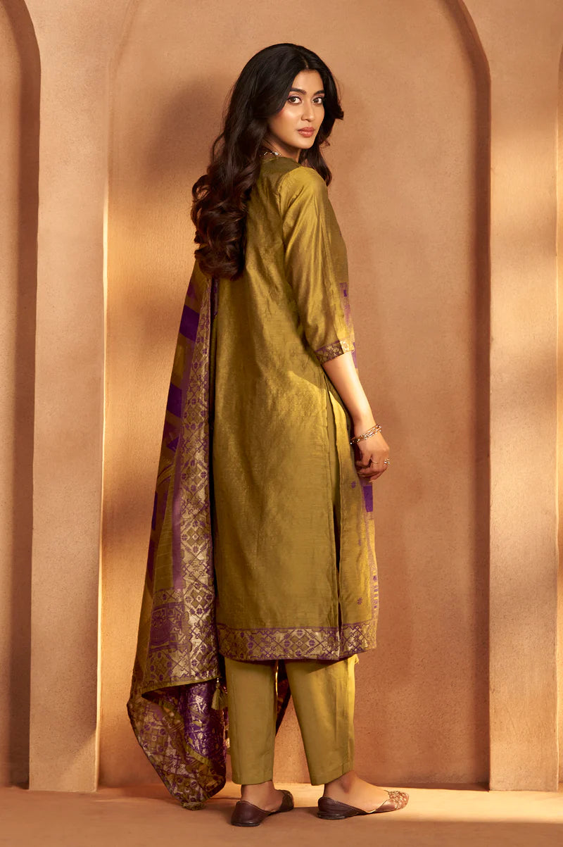 Mustard Jacquard Art Silk Kurta Set with Cotton Bottom & Silk Blend Dupatta